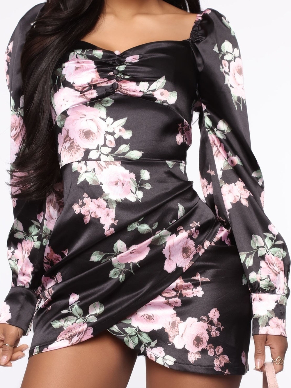 Fashion Nova Black Satin Mini Dress with Pink Floral Print